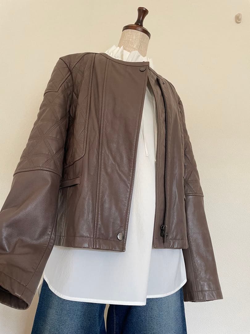 【コントワーデコトニエ】マロン色のラムレザーキルティングジャケット　大きいサイズ