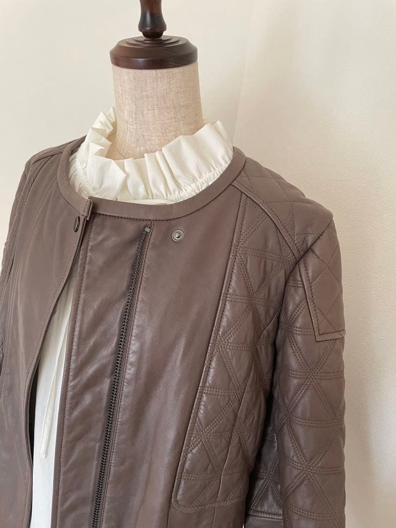 【コントワーデコトニエ】マロン色のラムレザーキルティングジャケット　大きいサイズ
