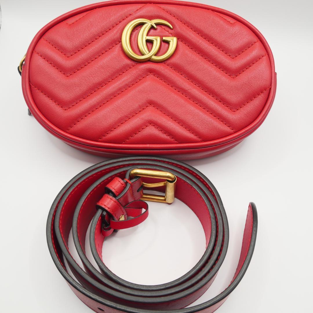 【美品】GUCCI GGマーモント　ボディバッグ　ウエストバッグ　レザー　レッド