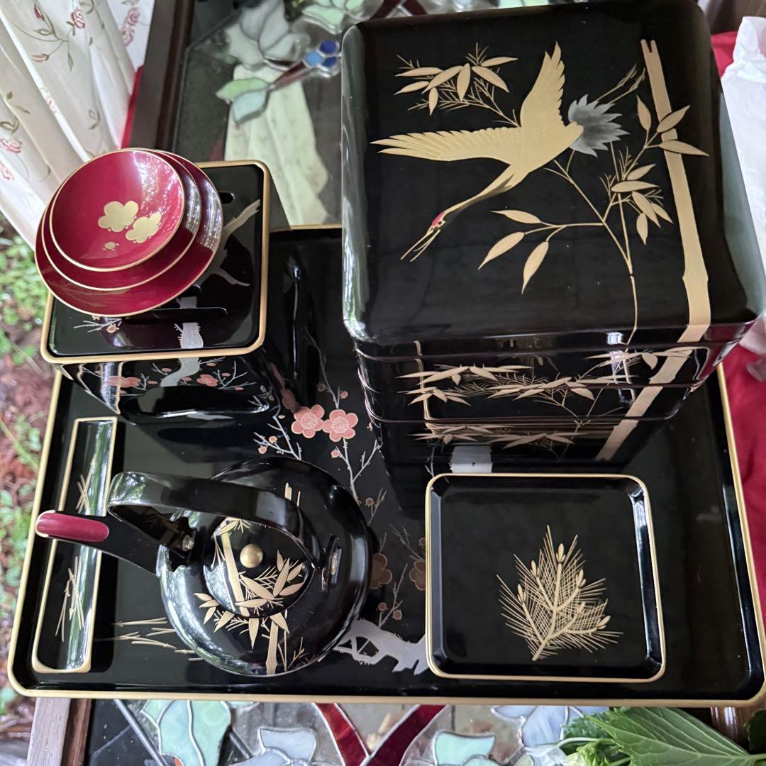 2192様感謝‼️JAPAN輪島塗お屠蘇器七つ揃い『松竹梅鶴』塗師松竹梅落款元箱入