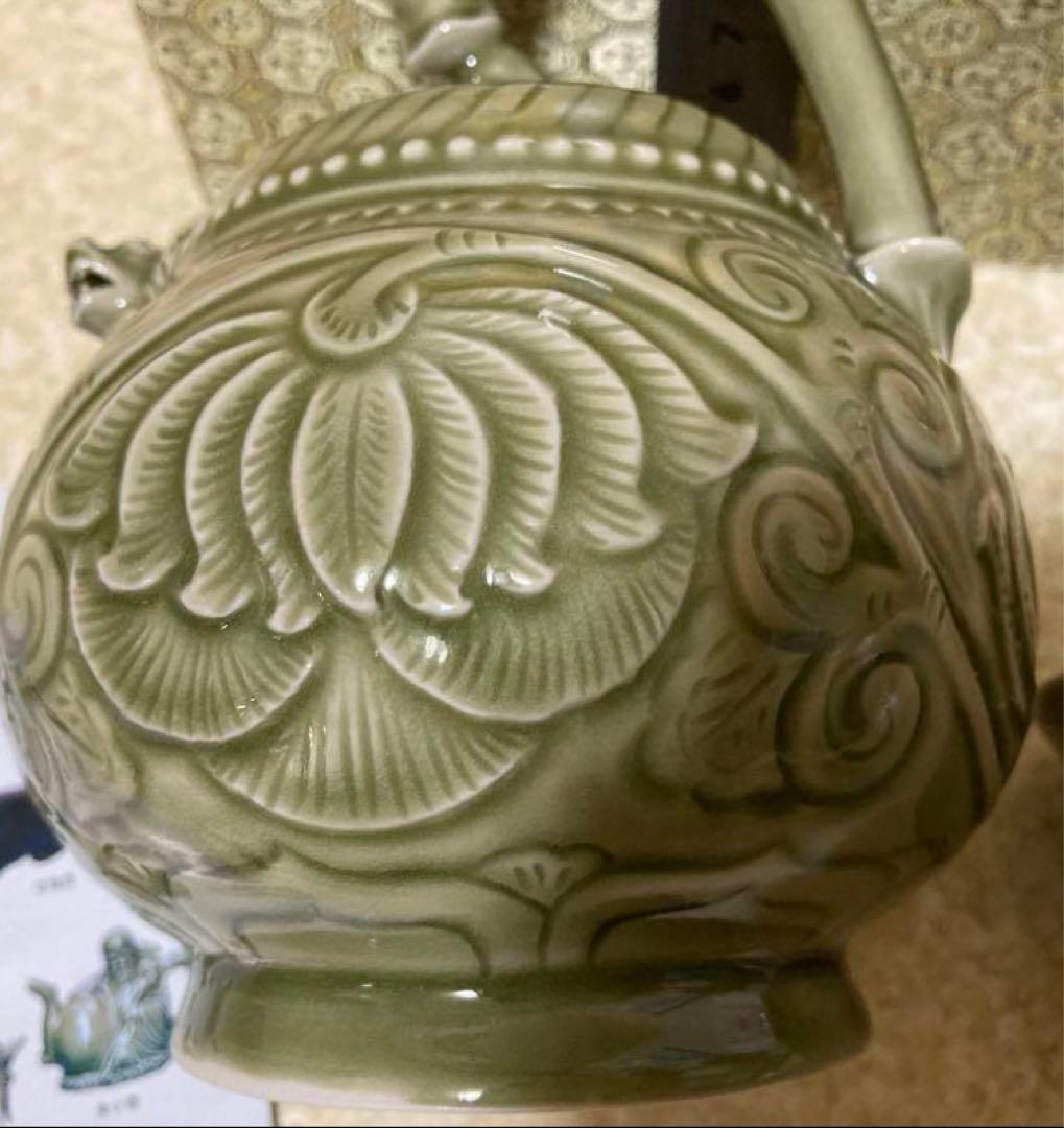 中国宋代耀州窯  倒流壶￼  陽刻花紋  古美術品