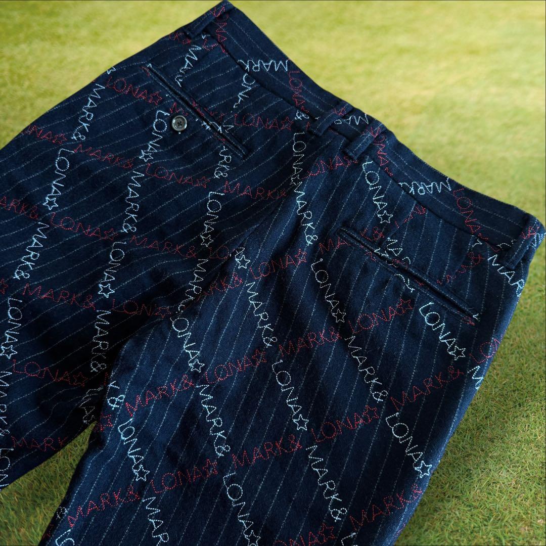 起毛素材　秋冬　マークアンドロナ　ジョガーパンツ　総柄　S〜M相当　紺　ネイビー