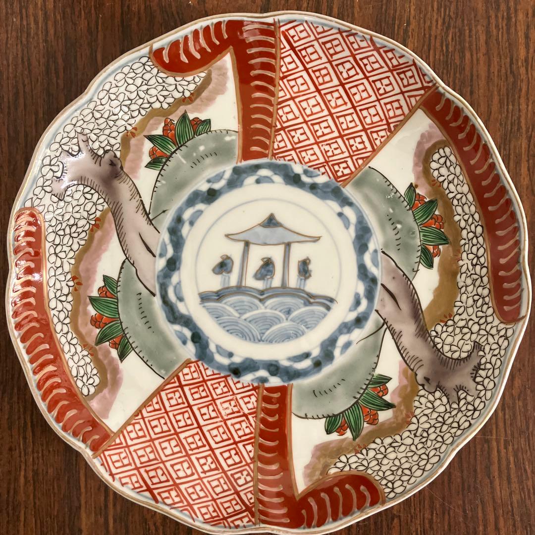 江戸後期〜明治初期｜古伊万里 7寸皿｜染錦 金彩色｜桜の木 唐人