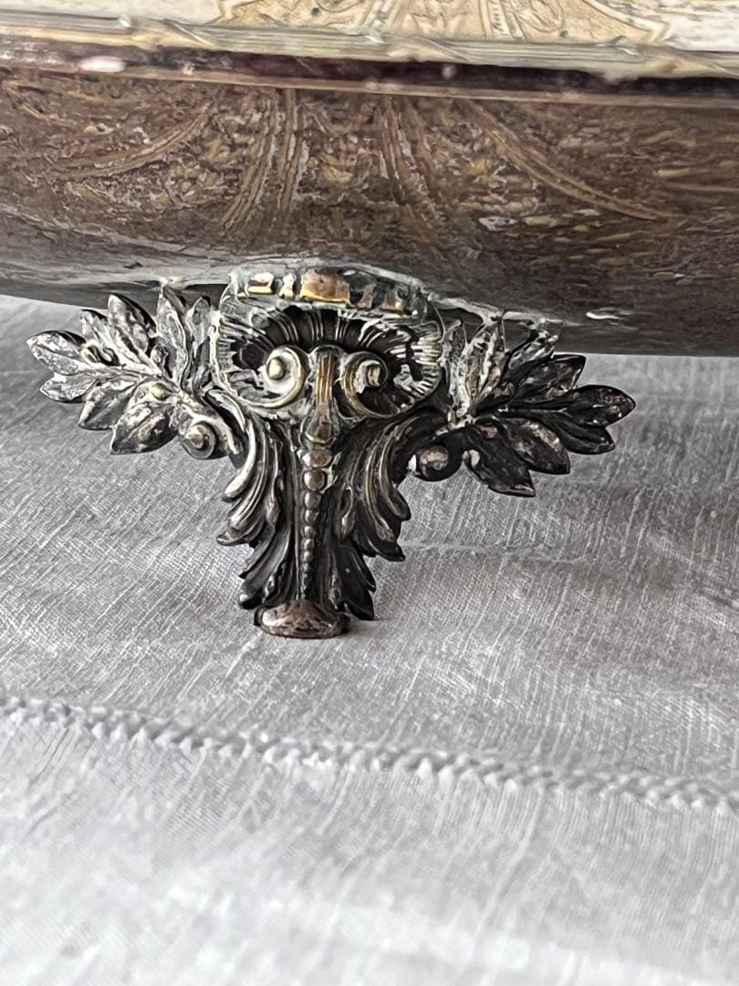 【美品】フランスアンティーク リボンモチーフ シルバー 大きなトレー[3675]