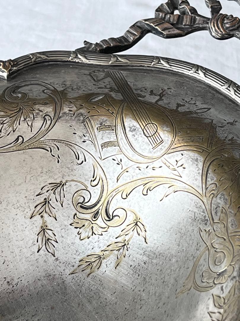 【美品】フランスアンティーク リボンモチーフ シルバー 大きなトレー[3675]