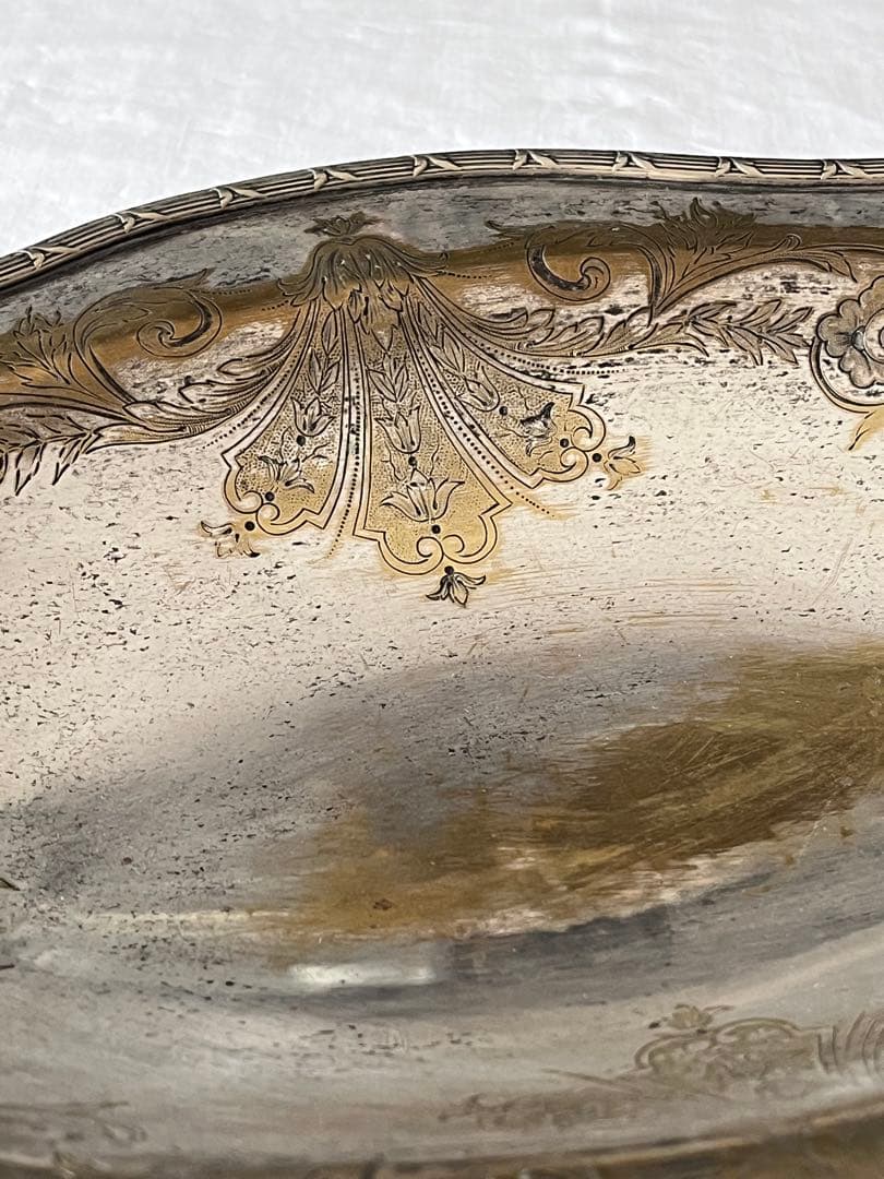 【美品】フランスアンティーク リボンモチーフ シルバー 大きなトレー[3675]