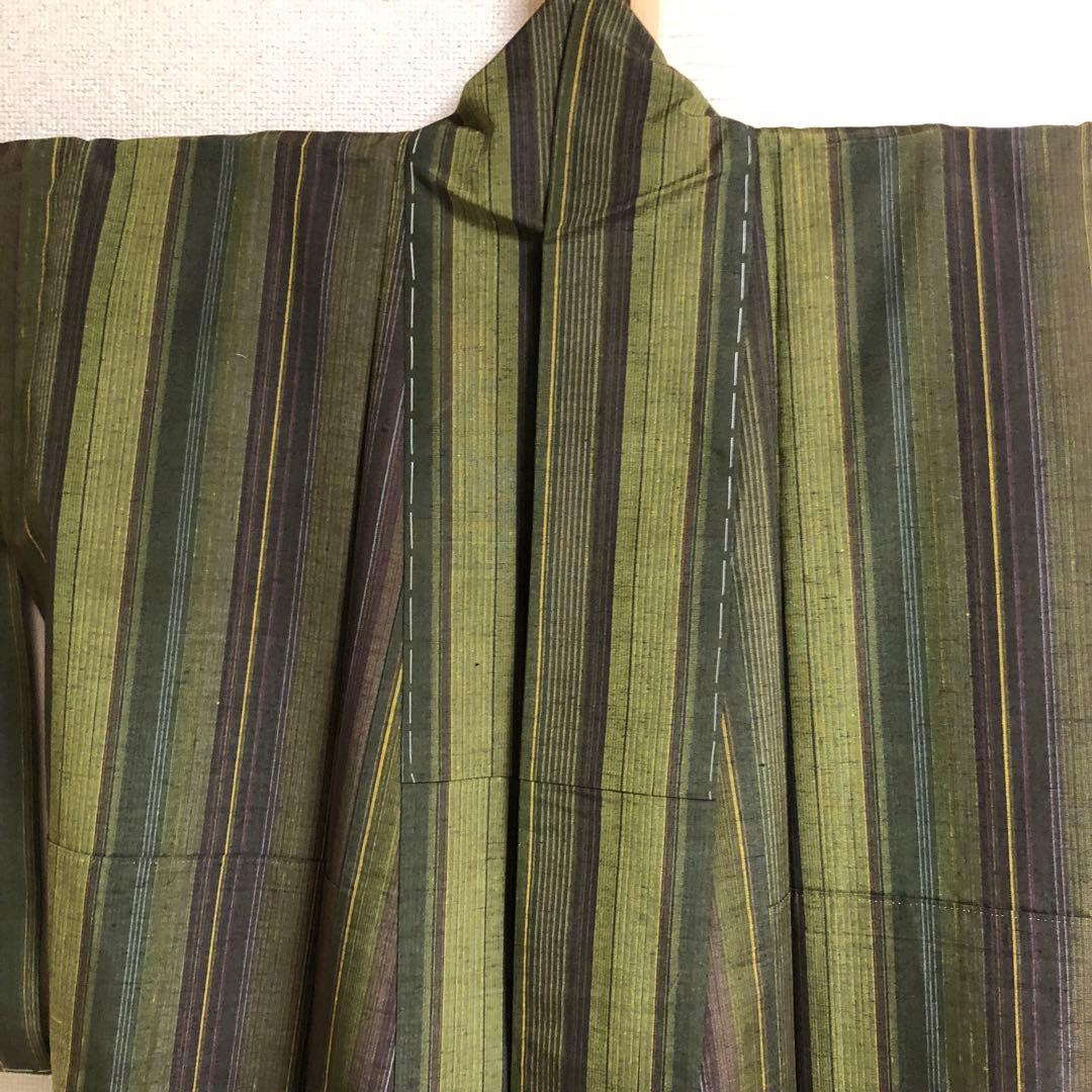【未使用　トールサイズ】結城紬　縞　お袖長め　袷　裄丈72 身丈173