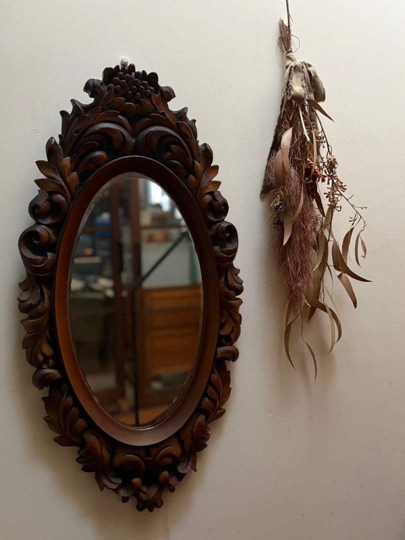 「手彫り 木製フレーム アンティークウォールミラー 北欧NORDIKスタイル」