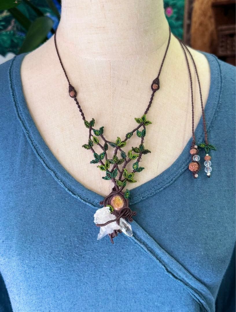 専用☆カンテラオパール＆水晶クラスター生命の樹マクラメ編みネックレス♡