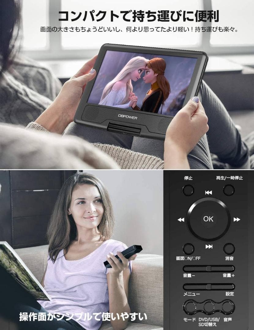 大容量バッテリー搭載10.5インチポータブルDVDプレーヤー