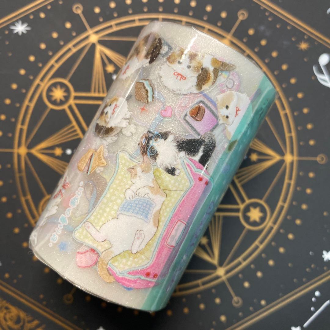 【9088】海外　マスキングテープ5m巻　ラメ加工カッティング猫　ケーキ　動物系