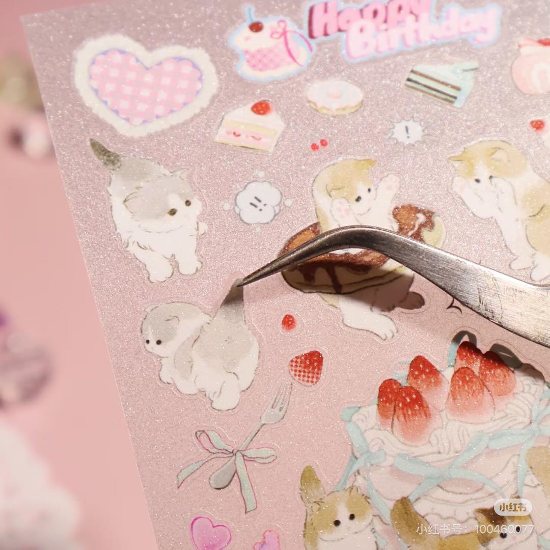 【9088】海外　マスキングテープ5m巻　ラメ加工カッティング猫　ケーキ　動物系