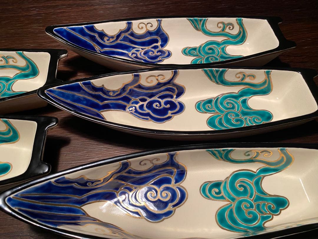 京焼向付　仁清流水舟形向付5客　新品未使用　京焼