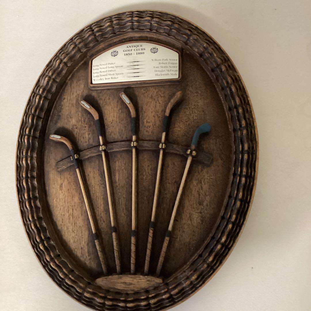 英国製アンティーク壁掛　レトロ　木製ゴルフクラブ手作り彫刻５本　ゴルフヘリテイジ