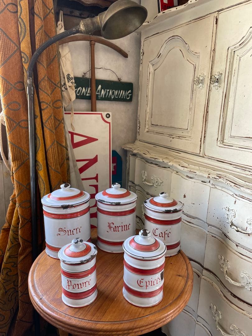 フランス　アンティーク　ホーロー　キャニスター　5個　ホワイト　レッド　ライン