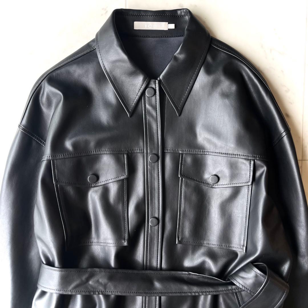 美品 ICB 洗える L ベルト付 ブルゾン 黒 フェイクレザー ジャケット