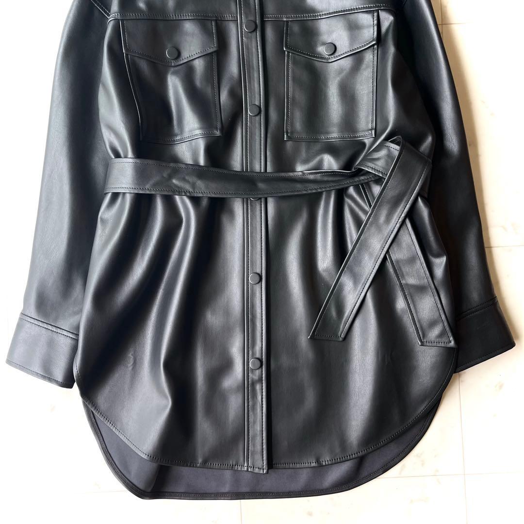 美品 ICB 洗える L ベルト付 ブルゾン 黒 フェイクレザー ジャケット