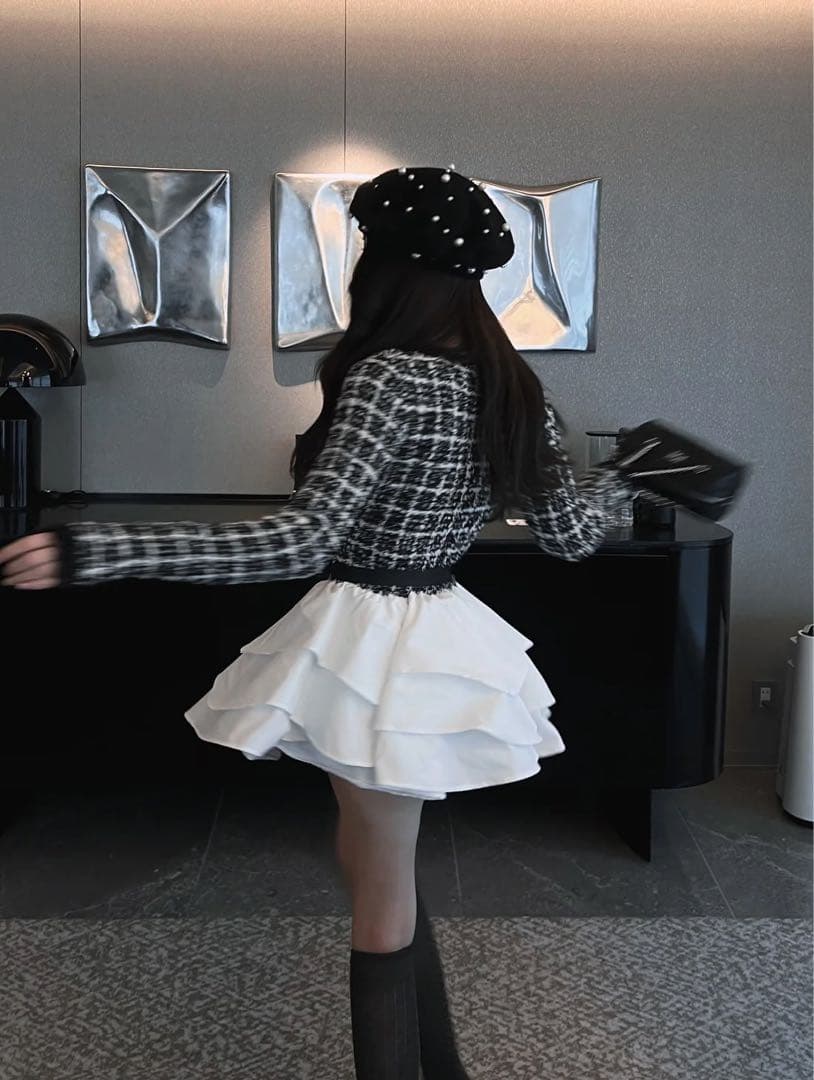 Darich ボリュームフリルツイードニットミニワンピース