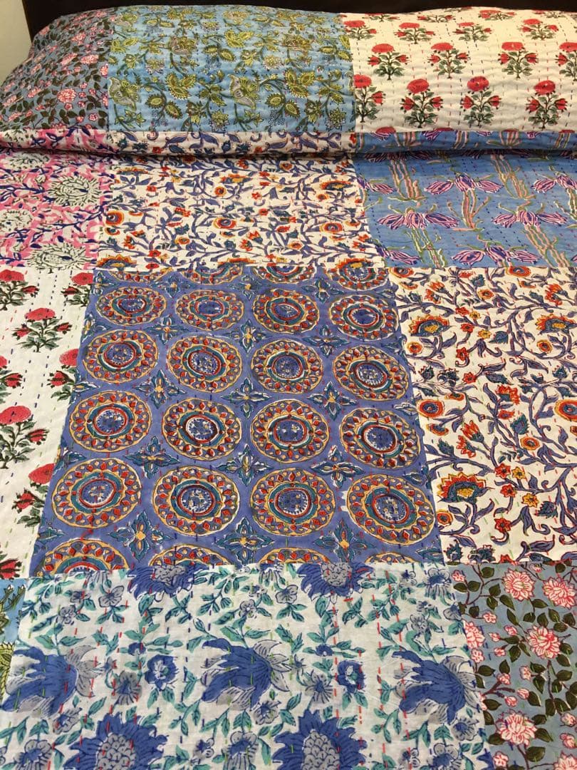 ブロックプリント　パッチワーク　マルチカバー  ベットカバー