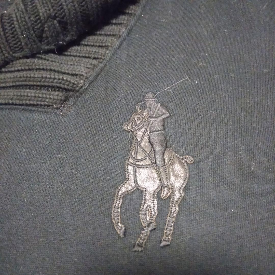 希少【ポロバイラルフローレン】ステッチ＆レザー装飾　黒 ショールカラースウェット