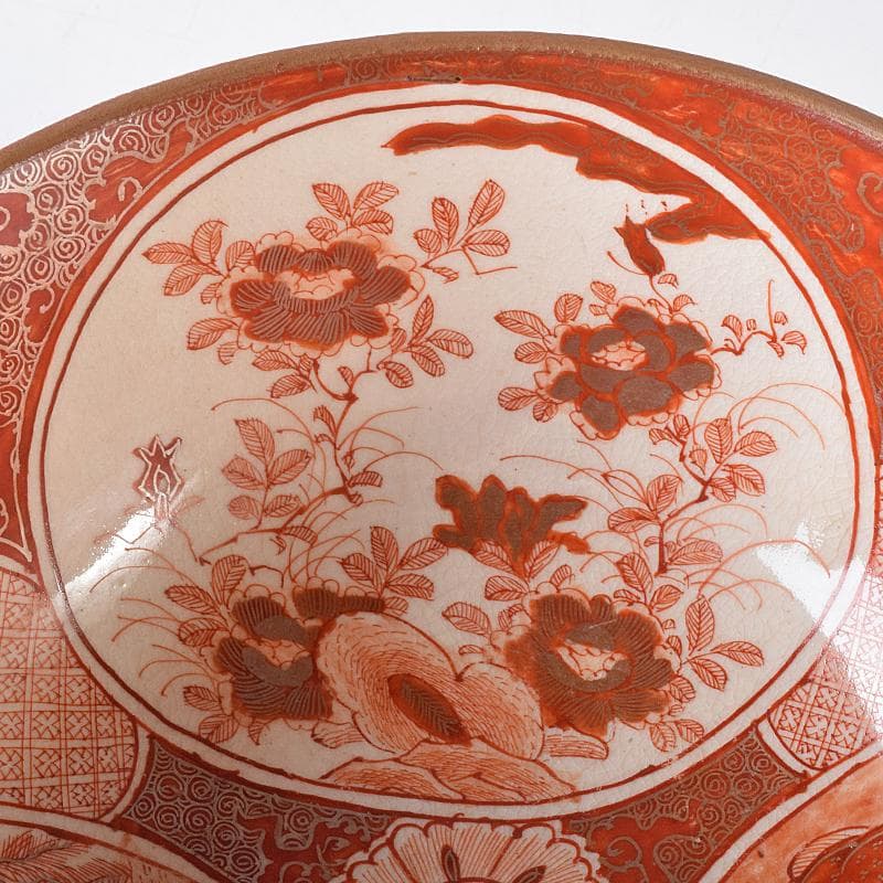 九谷焼　古九谷　赤絵金彩　窓絵　人物花鳥文　三ッ組鉢　時代箱付　U　R8370