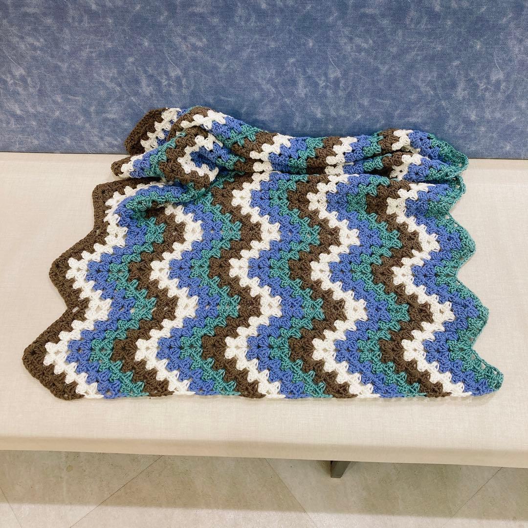 ブランケット　手編み　配色　4カラー　アースカラー　ギザギザ　シェブロン　波模様