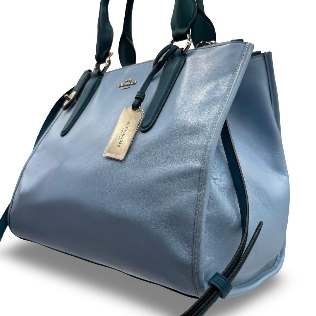 【良品】コーチ　2way ショルダーバッグ　トート　レザー　チャーム　ブルー馬車