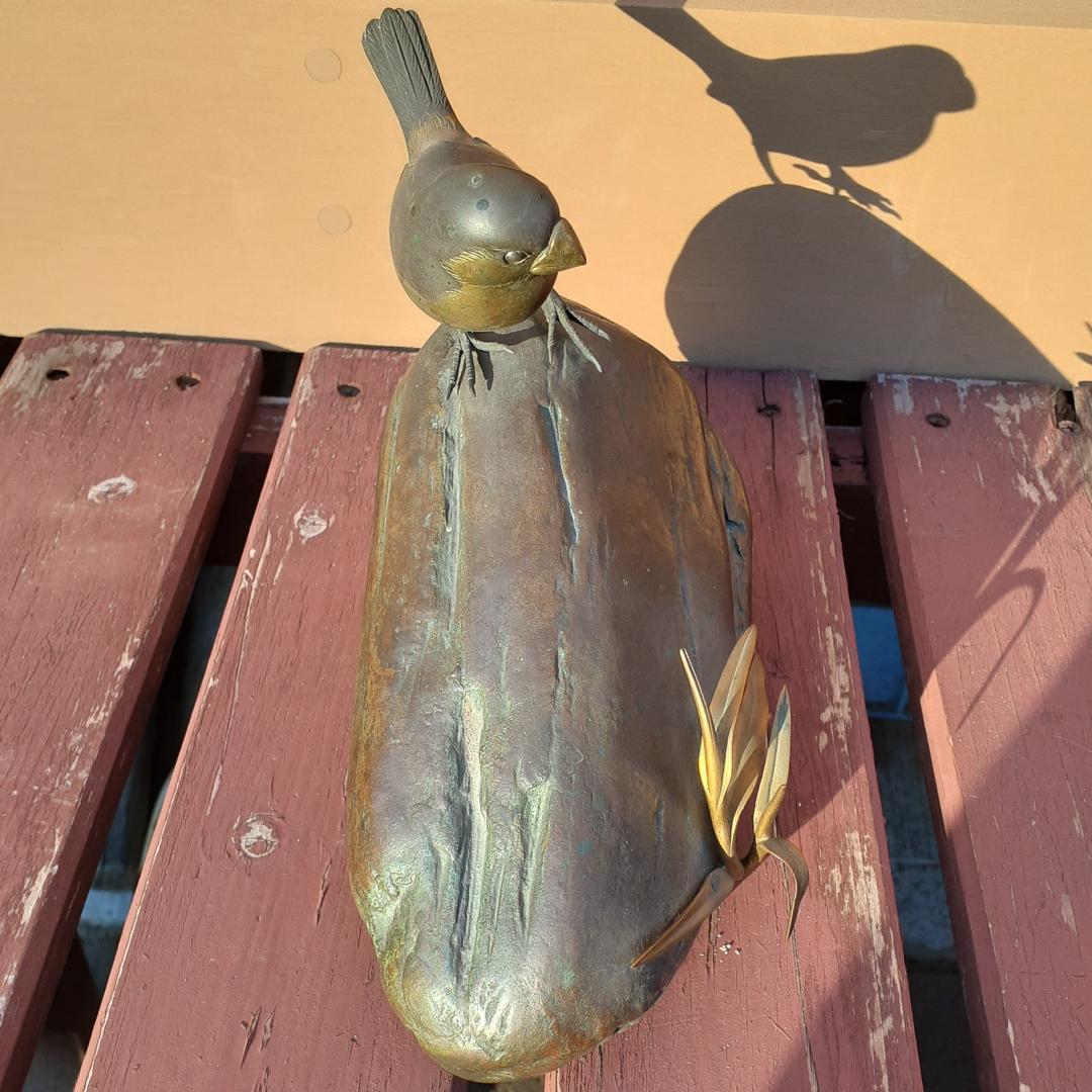 アンティーク　鋳銅製　岩上に文鳥　オブジェ　ブロンズ　時代物　コレクション