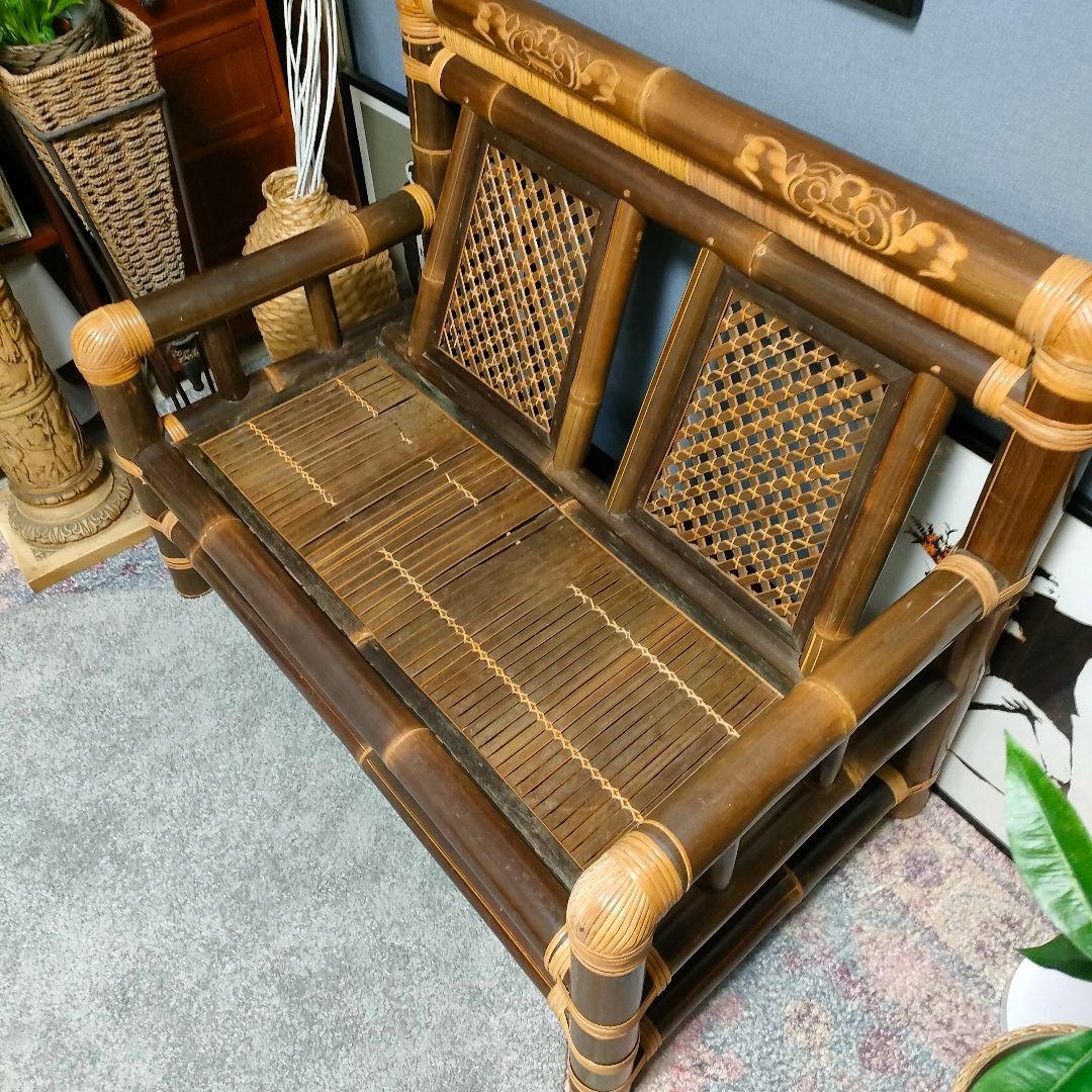 ヴィンテージ レトロ アジアン家具 竹製ソファ 籐巻き 2人掛け