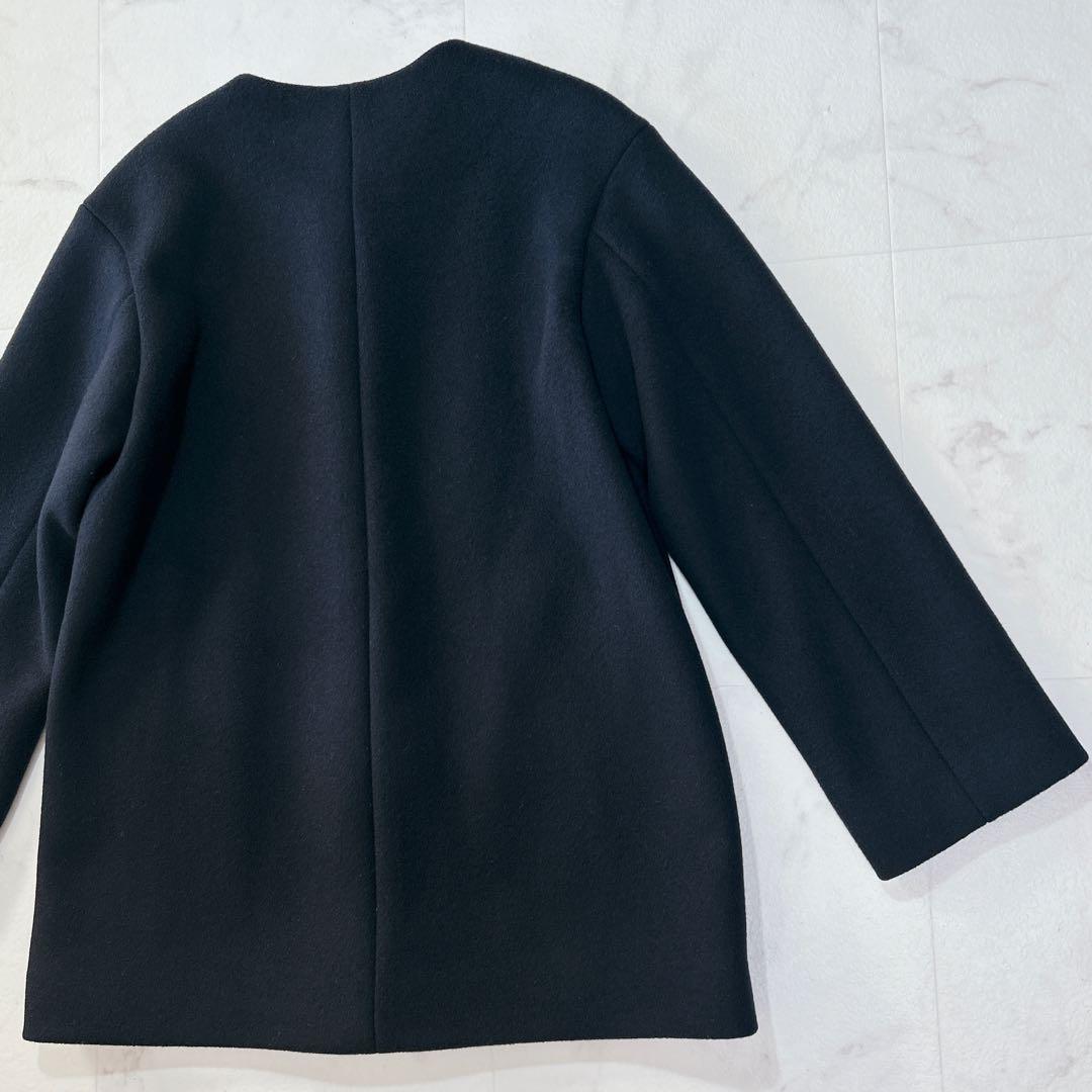 美品 BEAUTY&YOUTH ビーバー ノーカラー ショート コート ネイビー