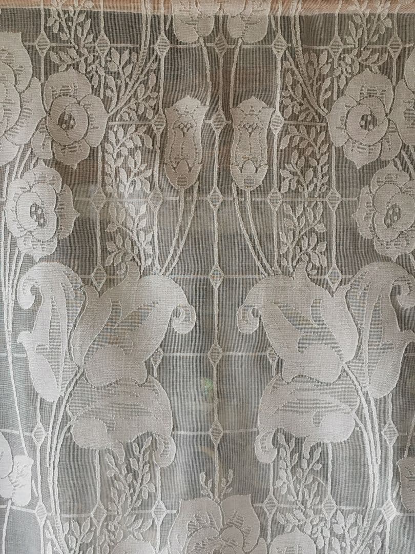 アンティーク マドラスレース アールヌーヴォー花紋 格子枠 カーテンパネルクロス