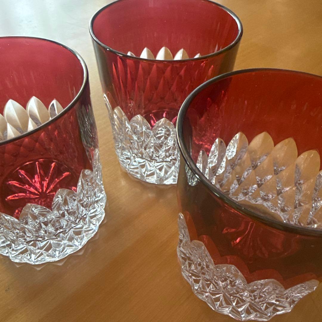 80's未使用★アンティークカットガラス被せガラス３個セット