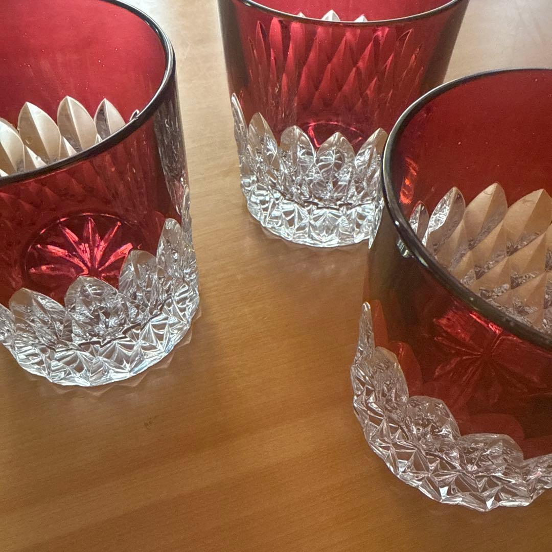 80's未使用★アンティークカットガラス被せガラス３個セット