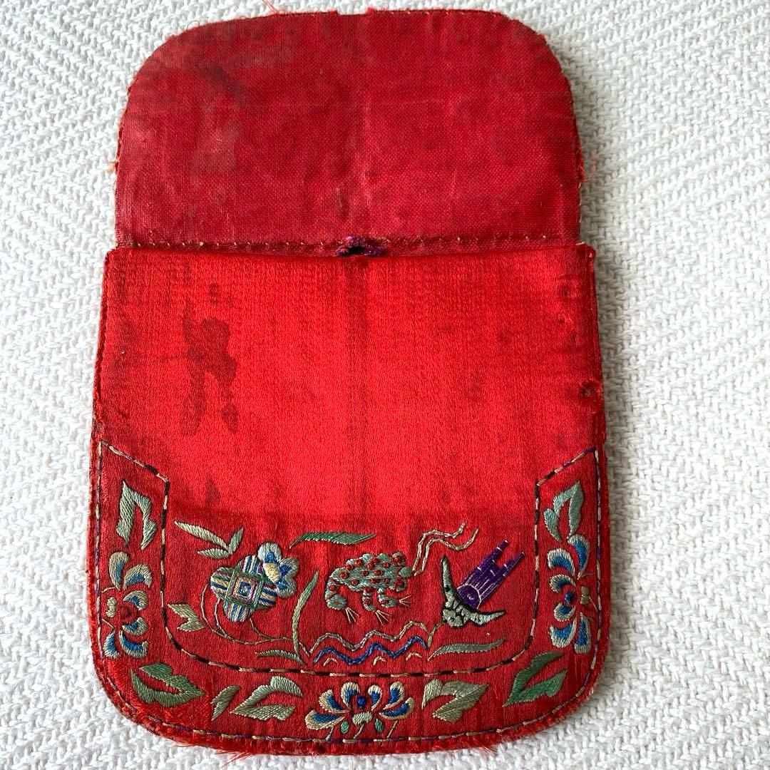 アンティーク シルクロード チャイナ チベット 赤シルク古刺繍 3口袋 時代物