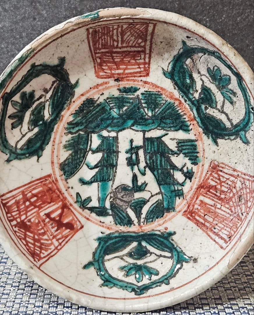 中国古美術　中国古陶磁器　明代　呉須赤絵　青釉　山水図　10.6cm小皿　豆皿