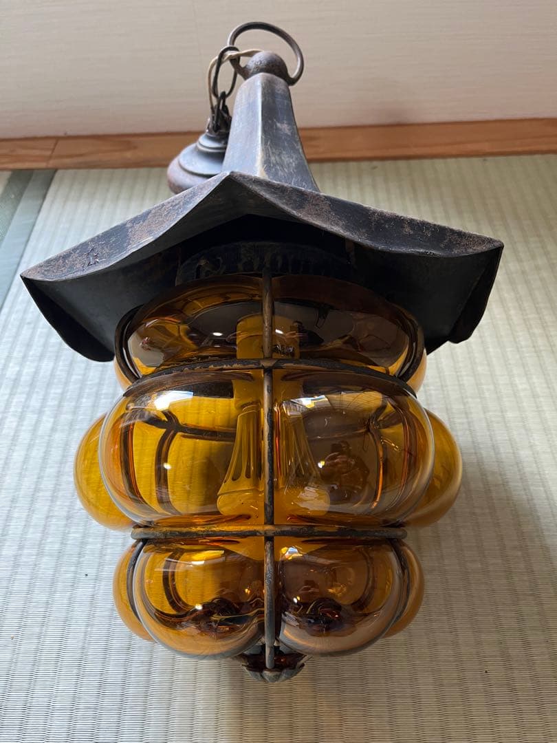 超希少　アンティーク　琥珀色　照明　天井吊　ガラス＆鉄製 E26 LED対応