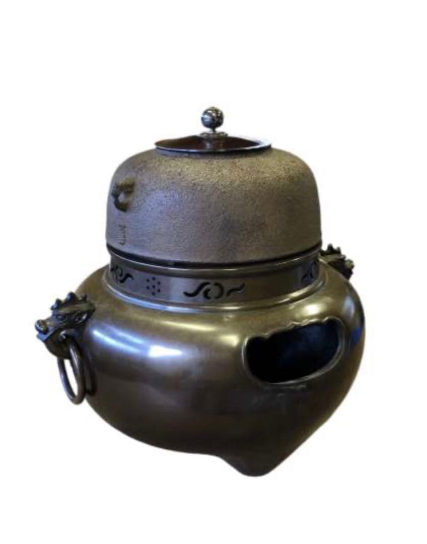 釜師　木村一無作　銀摘　共箱『唐銅鬼面風炉』茶道具/鉄瓶　古道具