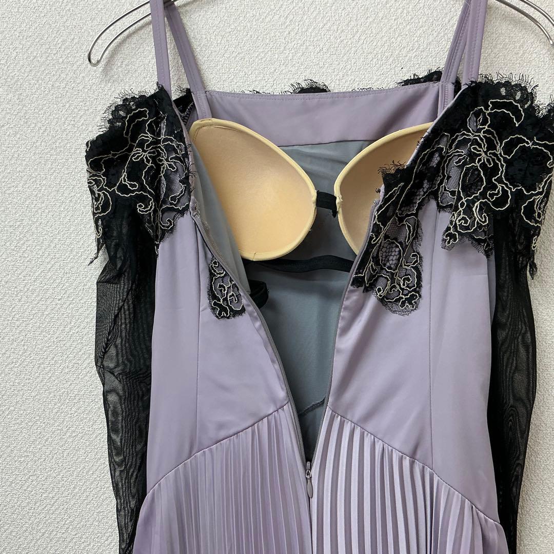 薄紫色 プリーツドレス レース装飾