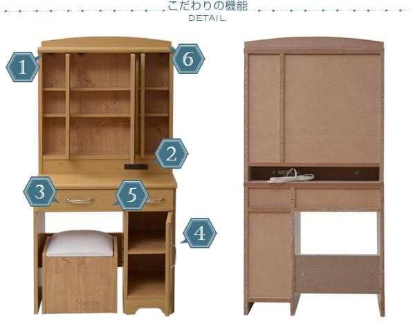 収納豊富 シンプル おしゃれ コンセント スツール付 3面鏡 ドレッサー WH