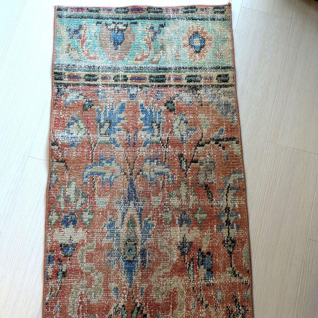 50×91 ラコッタオレンジ×トルコブルー　トルコヴィンテージラグ　ミニサイズ