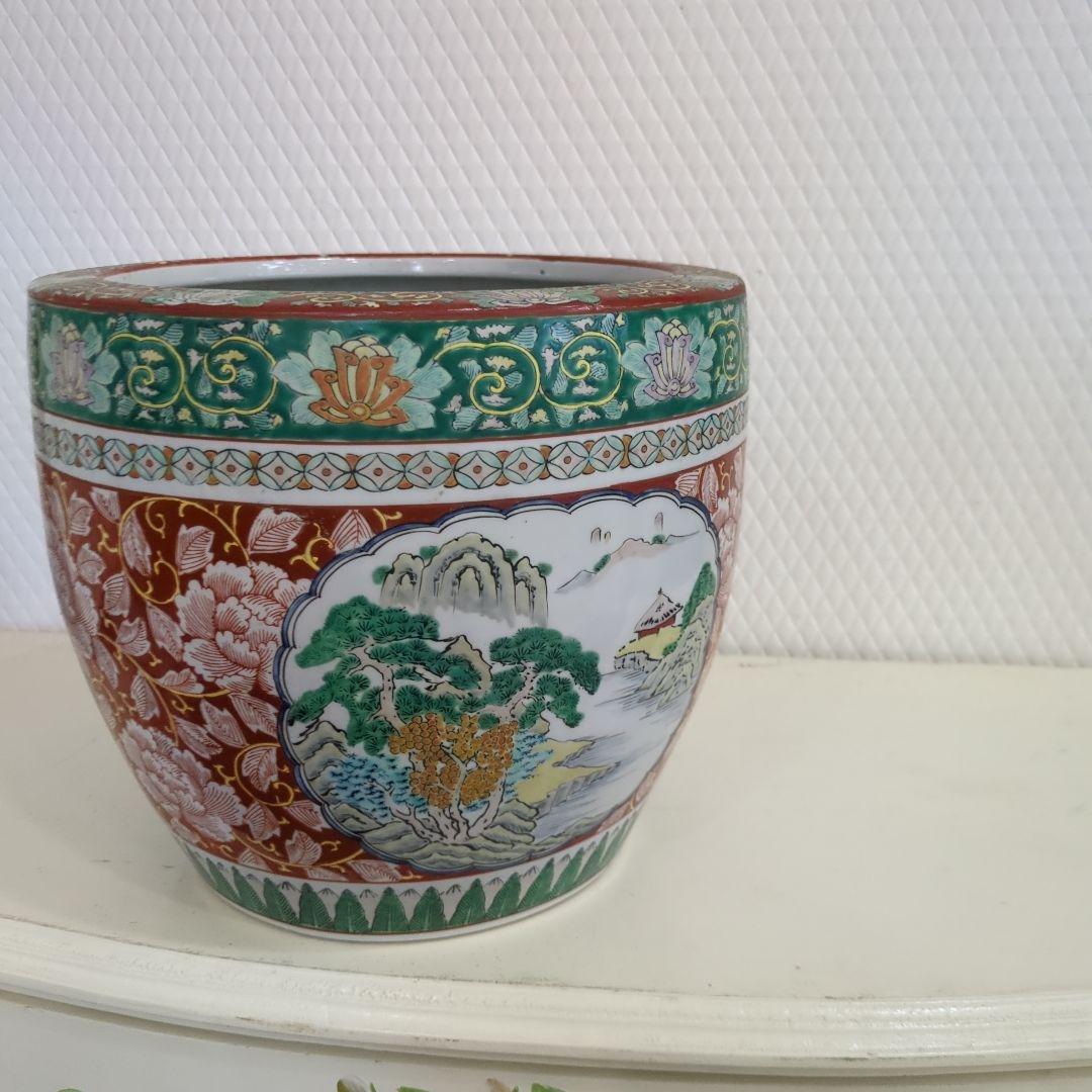 骨董 古伊万里 火鉢 十錦手 色絵 鉢カバー 睡蓮鉢 傘立て 金魚 めだか