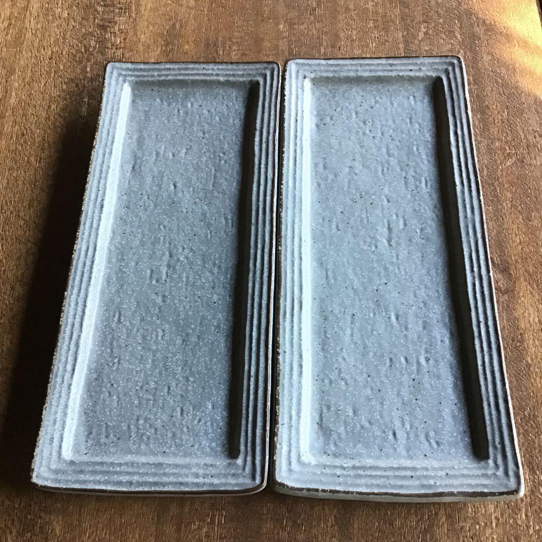 ikaringです。新品美濃焼ブルーグレーリム茶渕長皿　さんま皿6枚セット