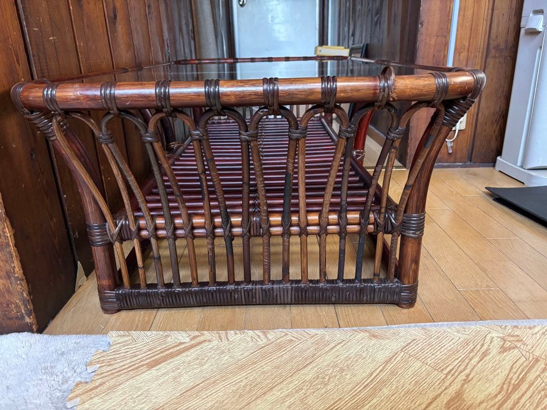 ꧁籐家具꧂アジアン ラタンテーブル ガラス天板座卓 センターテーブル 古家具