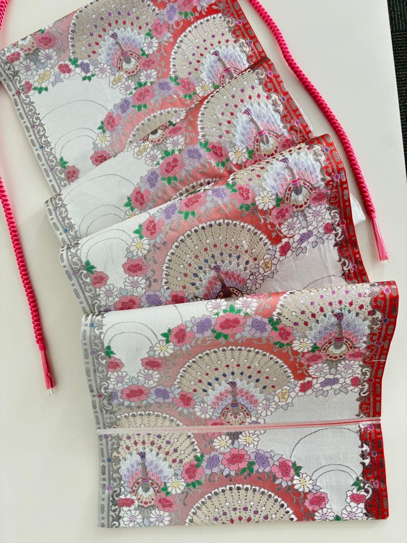 帯リメイク　孔雀と扇面柄　和モダン タペストリー＆クッションカバー 2点セット