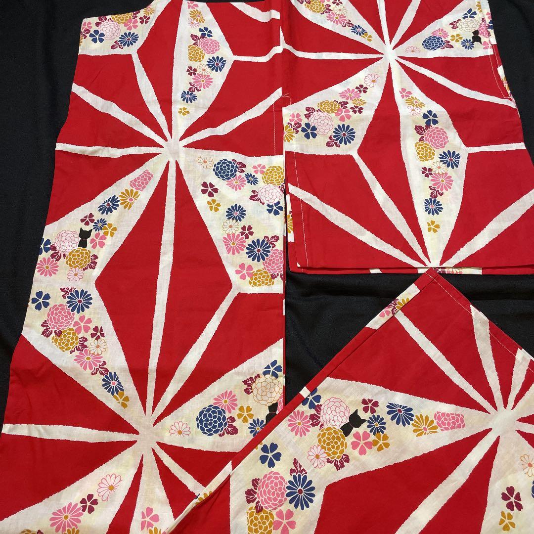 限定1☆浴衣 大正ロマン アンティーク 浴衣 麻の葉　猫 赤 白 黒猫