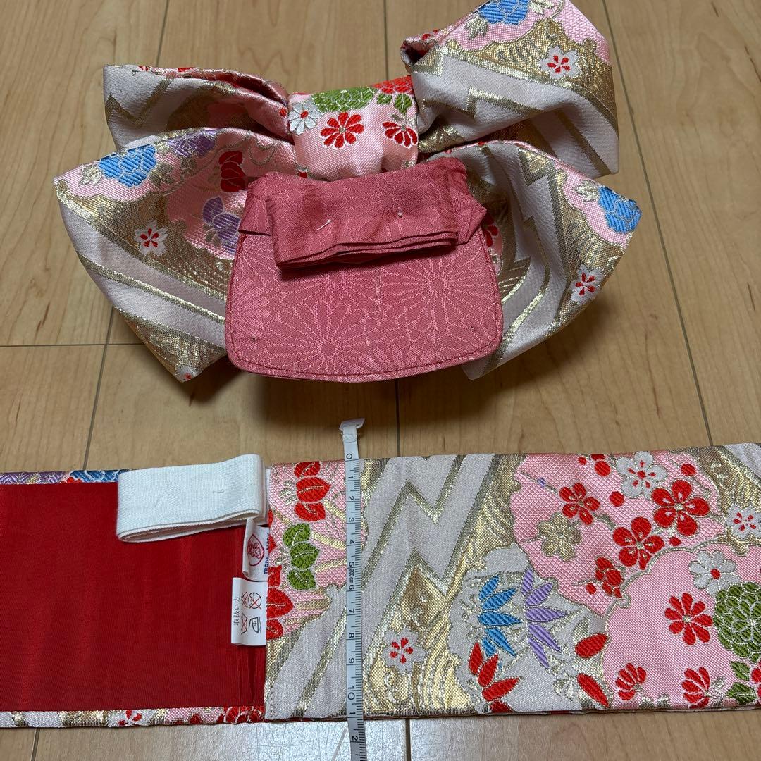 122 正絹着物　赤×蝶々×花車　七五三着物セット　3歳　日本製　結び帯