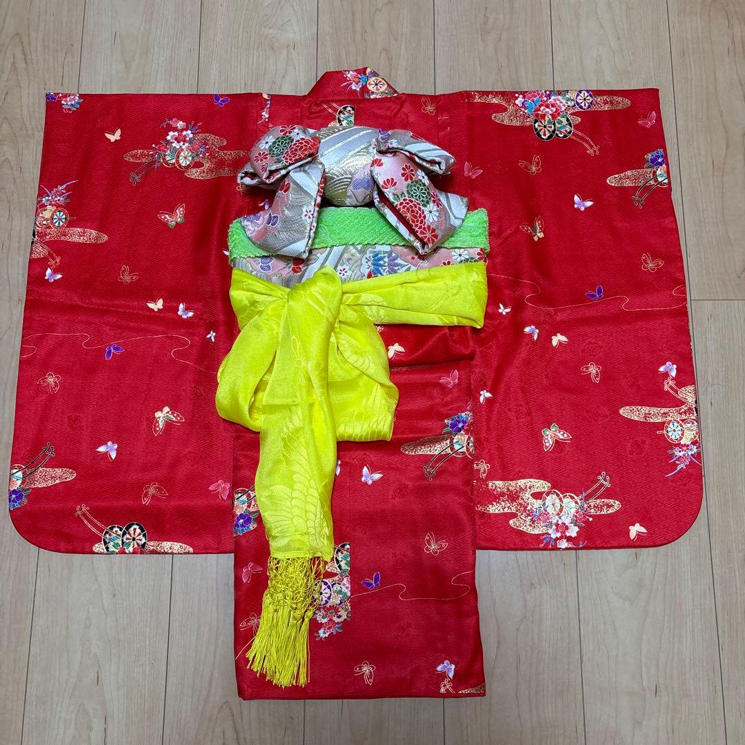 122 正絹着物　赤×蝶々×花車　七五三着物セット　3歳　日本製　結び帯