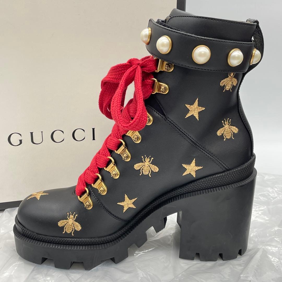 【M52】美品　GUCCI グッチ　コンバットブーツ　ハチ　スター　レザー
