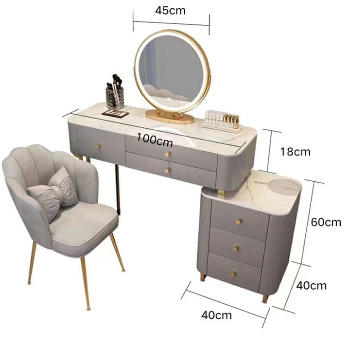 北欧風  ホワイト100cmオシャレドレッサーお姫系　大理石天板 LEDミラー