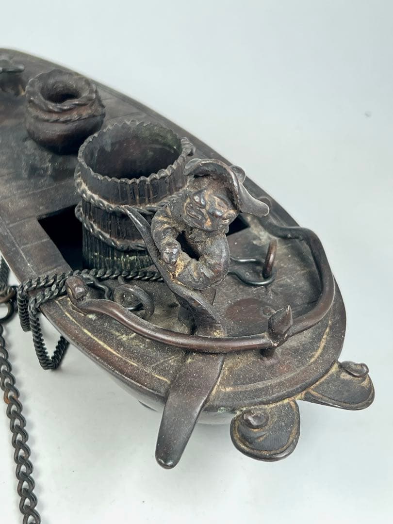 極上 古銅製舟形吊香炉　重さ:975g